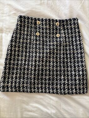 Black & White Houndstooth Mini Skirt with Decorative Buttons